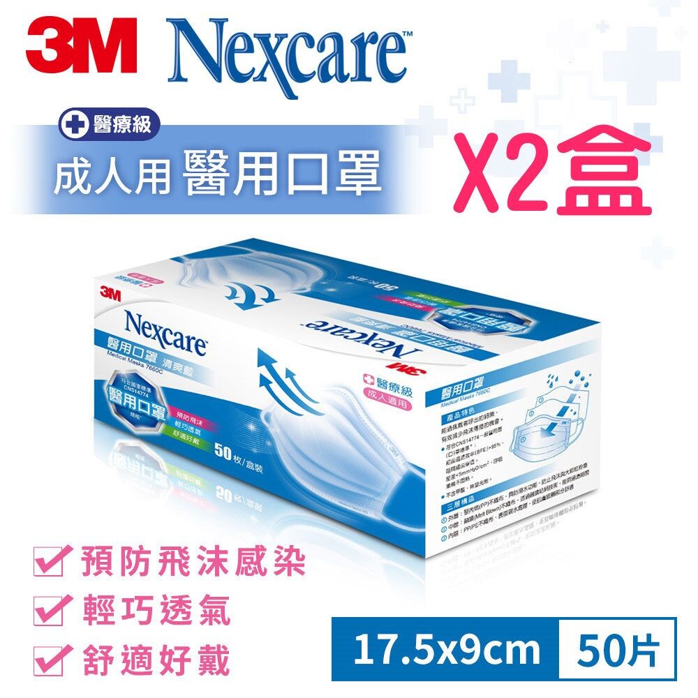  3M Nexcare 7660C醫用口罩2盒組(50片/盒)兒童/成人(藍)